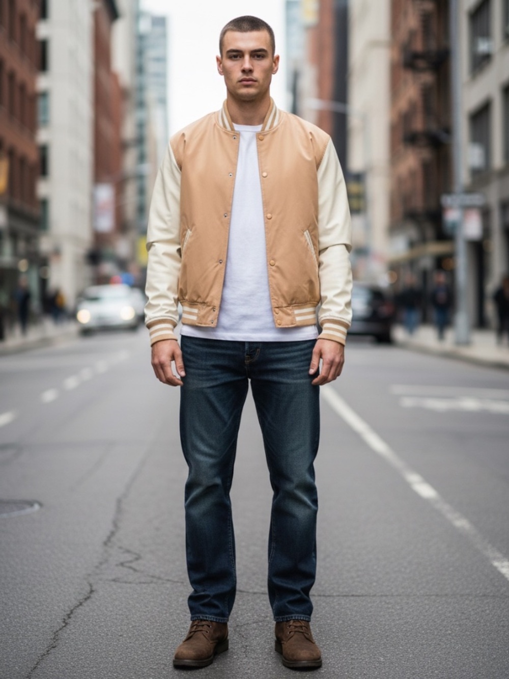 CSG Champs Sports Snap Front Lightweight Varsity Bomber Jacket Beige Tan Size M